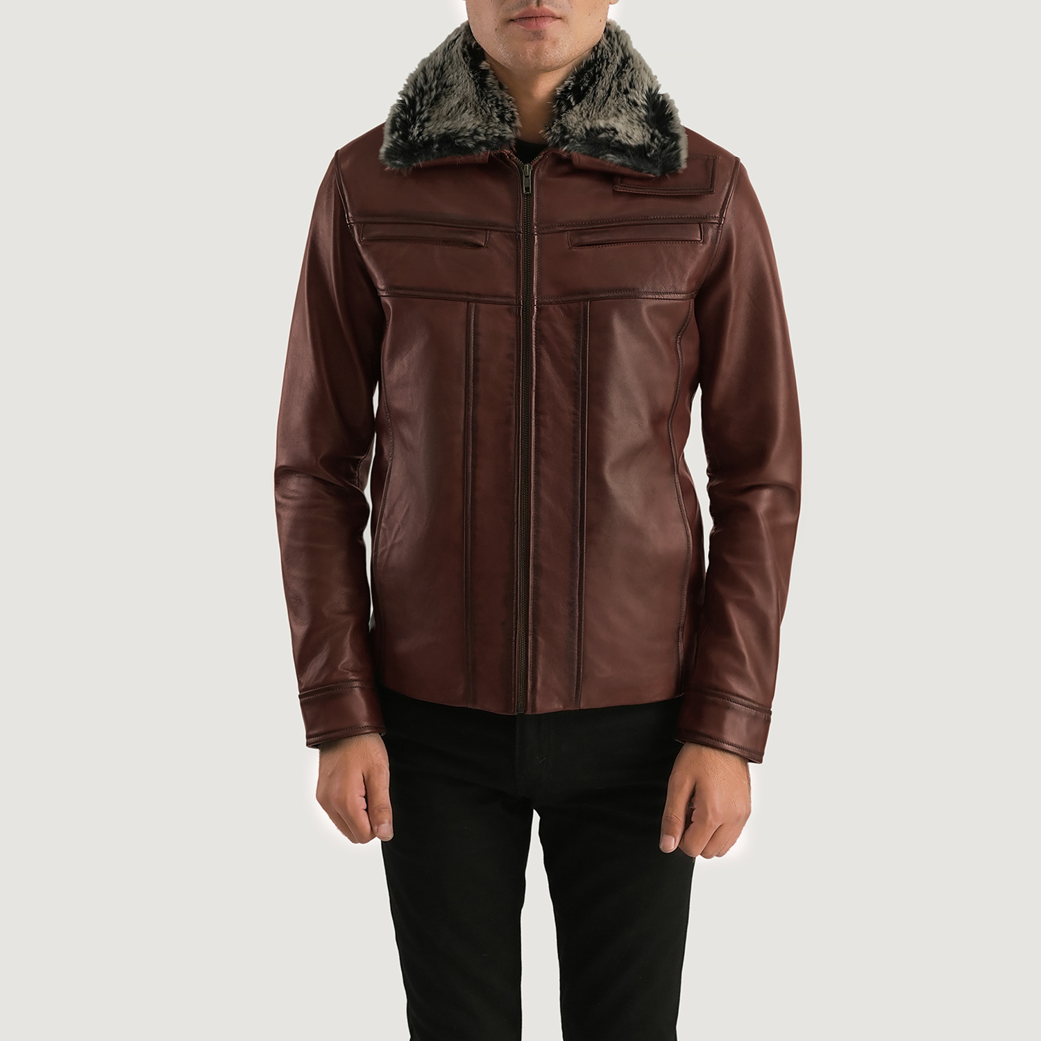 Mens Evan Hart Fur Brown Leather Jacket Close Front-5-1701087206901